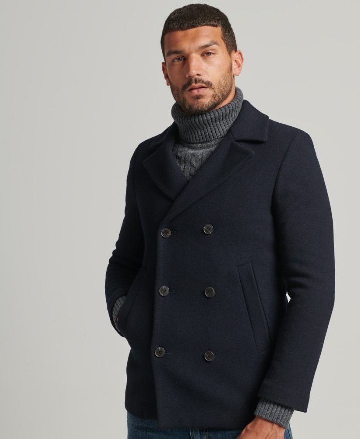 Superdry Wool Blend Short Pea Coat Navy Men