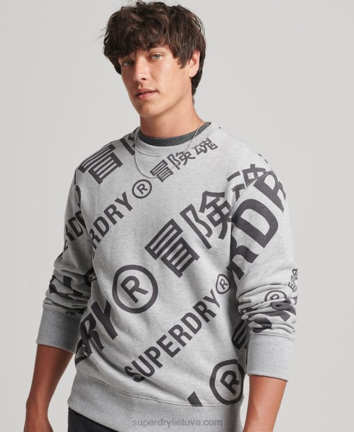 Superdry All Over Print Logo Loose Crew Sweatshirt Grey Men