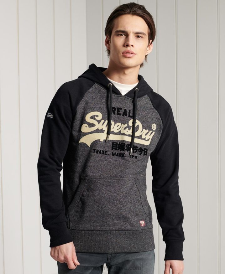 Superdry Vintage Logo Duo Raglan Loopback Hoodie Dark Grey Men Superdry Vintage Logo Duo Raglan Loopback Hoodie Dark Grey Men