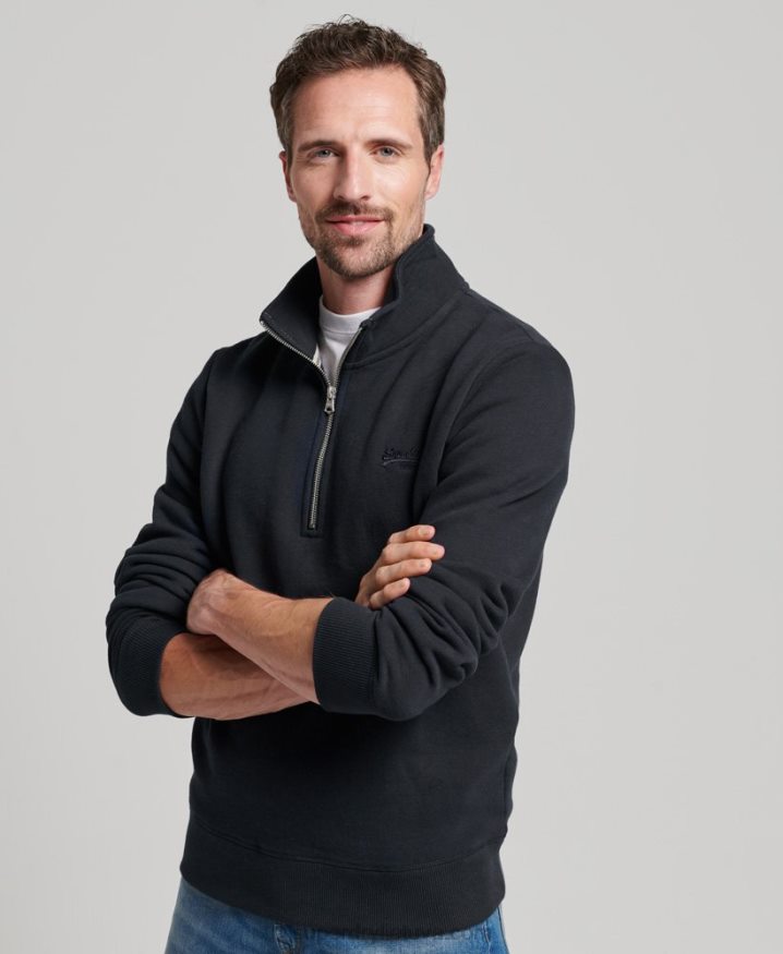 Superdry Vintage Logo Embroidered Zip Henley Sweatshirt Navy Men Superdry Vintage Logo Embroidered Zip Henley Sweatshirt Navy Men