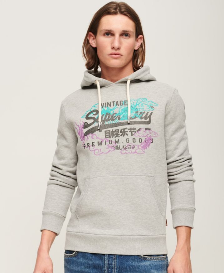 Superdry Vintage Logo Narrative Hoodie Grey Men Superdry Vintage Logo Narrative Hoodie Grey Men