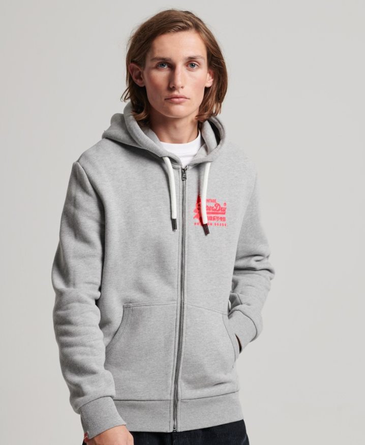 Superdry Vintage Logo Neon Zip Hoodie Grey Men Superdry Vintage Logo Neon Zip Hoodie Grey Men