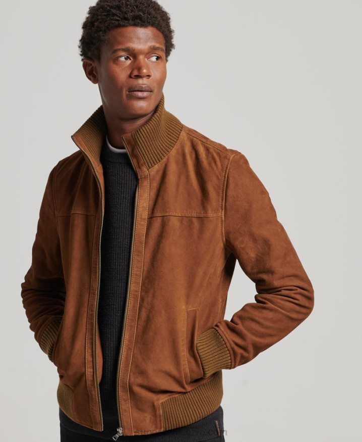 Superdry Knit Collar Suede Bomber Jacket Tan Men