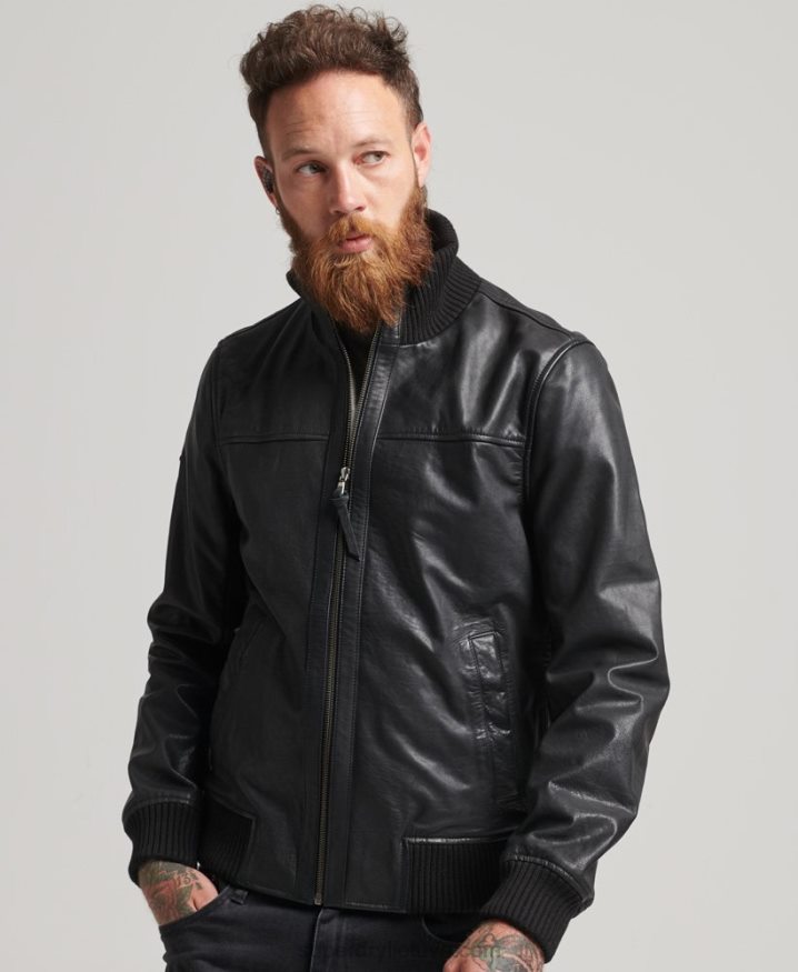 Superdry Knitted Collar Leather Bomber Jacket Black Men