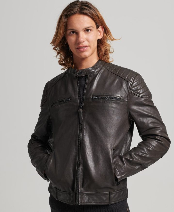 Superdry Leather Moto Racer Jacket Dark Grey Men