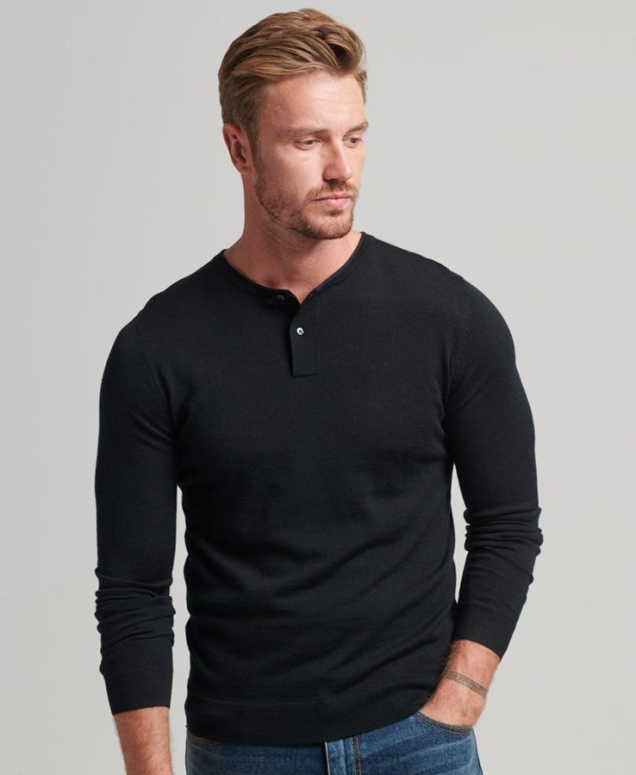 Superdry Merino Crew Neck Henley Knitted Top Black Men