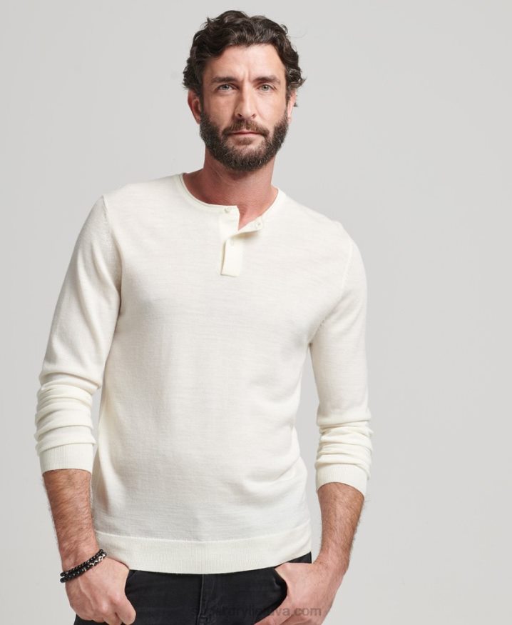 Superdry Merino Crew Neck Henley Knitted Top Cream Men