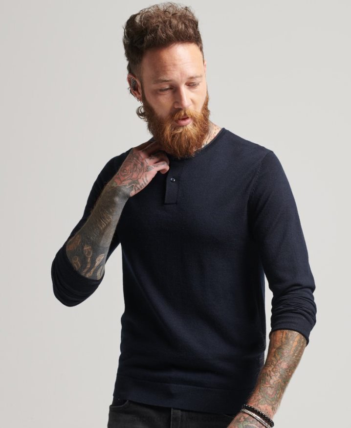 Superdry Merino Crew Neck Henley Knitted Top Navy Men