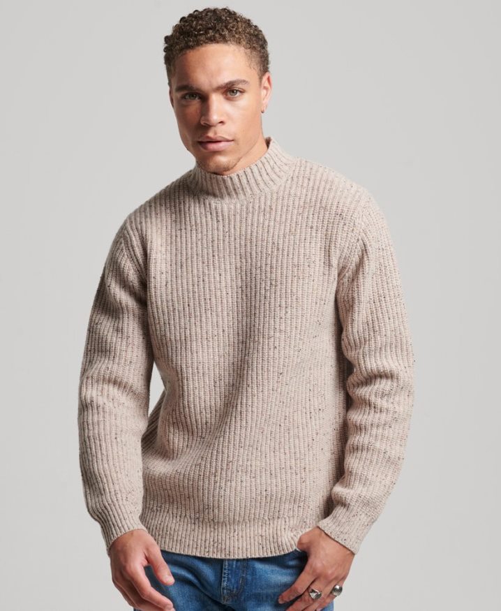 Superdry Wool Blend Tweed Mock Neck Jumper Beige Men