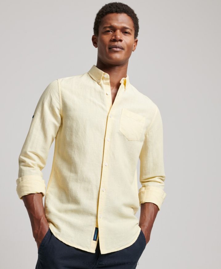 Superdry Organic Cotton Studios Linen Button Down Shirt Yellow Men