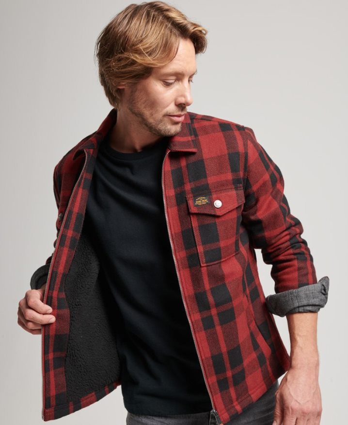 Superdry Zip Through Borg Lined Wool Check Overshirt Red Men Superdry Zip Through Borg Lined Wool Check Overshirt Red Men