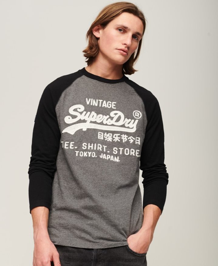 Superdry Vintage Logo Store Raglan Long Sleeve Top Dark Grey Men Superdry Vintage Logo Store Raglan Long Sleeve Top Dark Grey Men