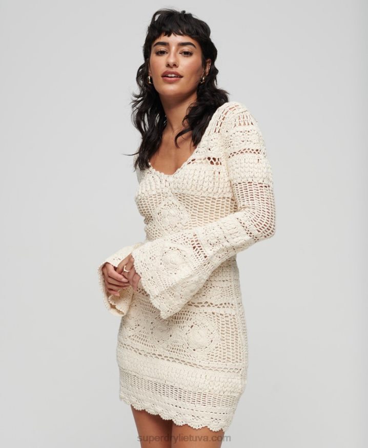 Superdry Crochet Flared Sleeve Mini Dress Cream Women