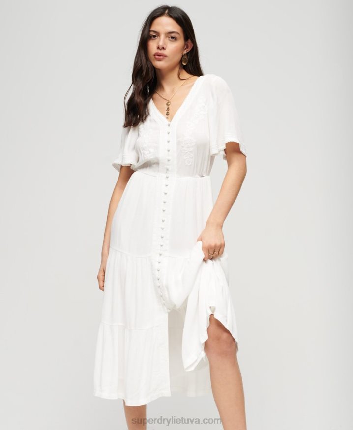 Superdry Embroidered Tiered Midi Dress White Women