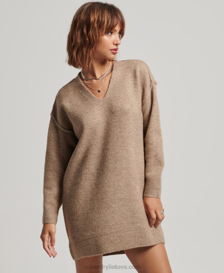 Superdry Knitted V Neck Jumper Dress Beige Women