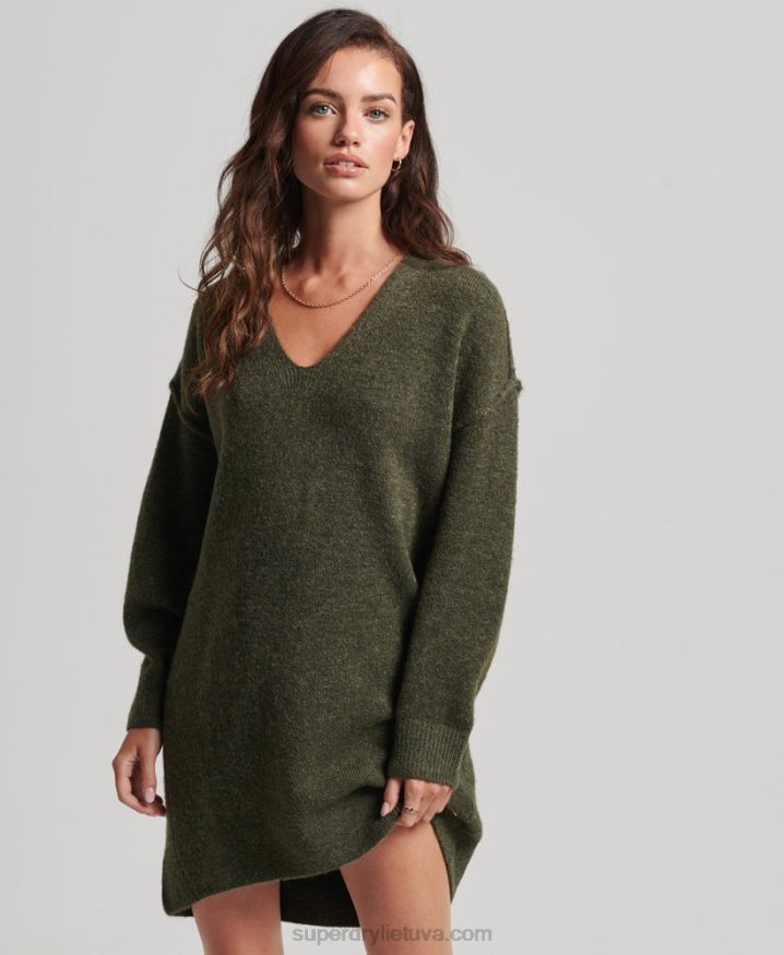 Superdry Knitted V Neck Jumper Dress Khaki Women