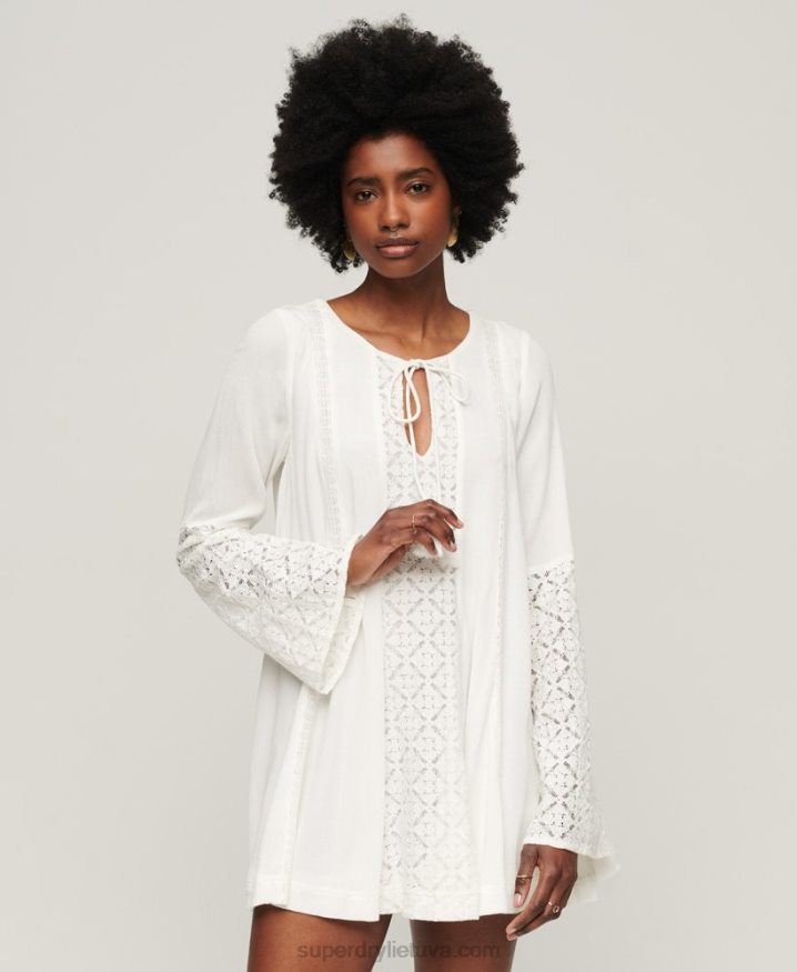 Superdry Lace Flare Sleeve Mini Dress Cream Women