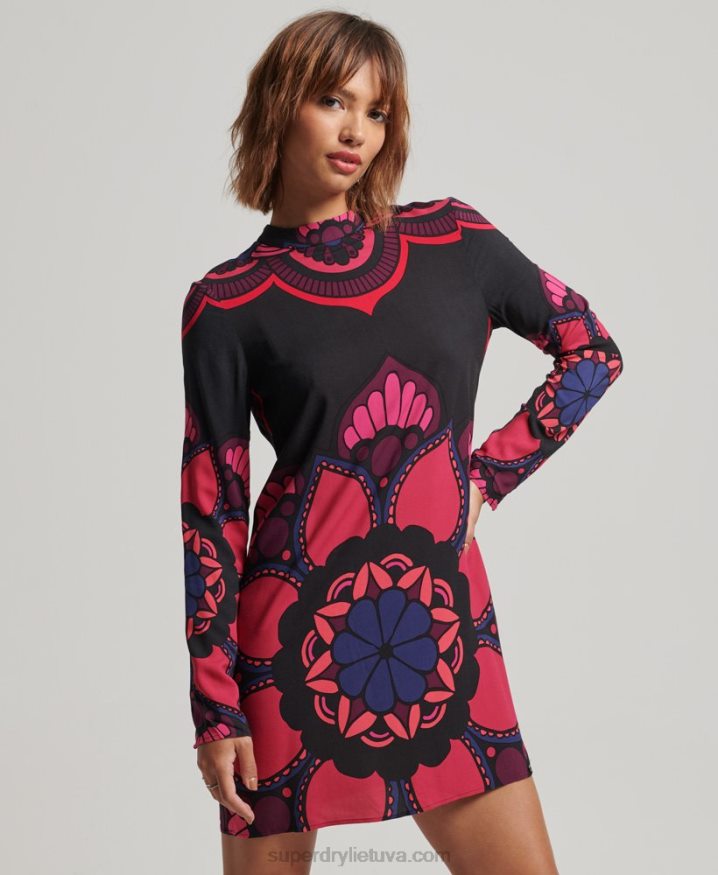 Superdry Long Sleeve Printed Mini Dress Black Women