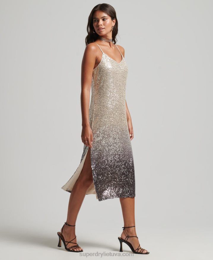 Superdry Ombre Sequin Slip Midi Dress Silver Women