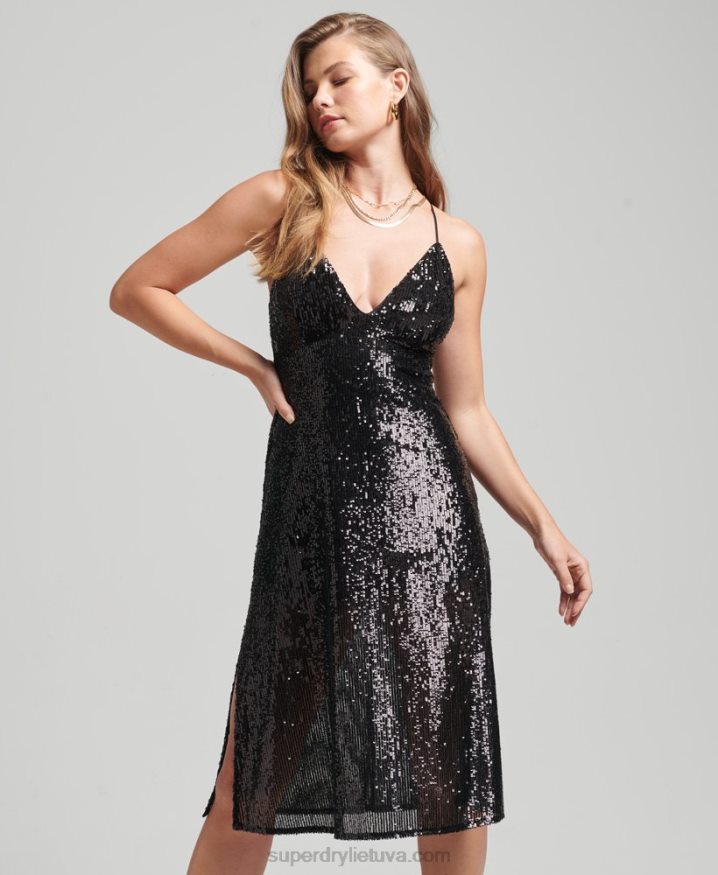 Superdry Plunge Sequin Midi Slip Dress Black Women