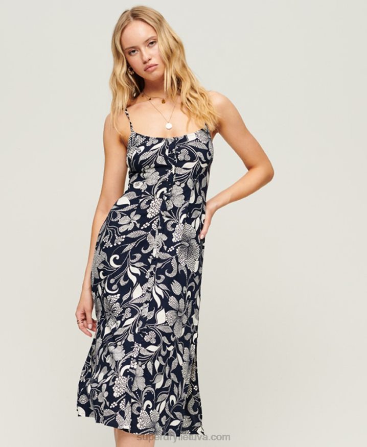 Superdry Print Button Cami Midi Dress Navy Women