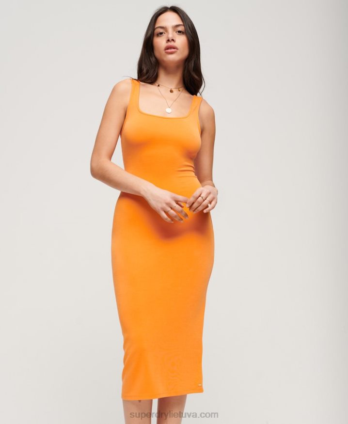 Superdry Square Neck Jersey Midi Dress Orange Women