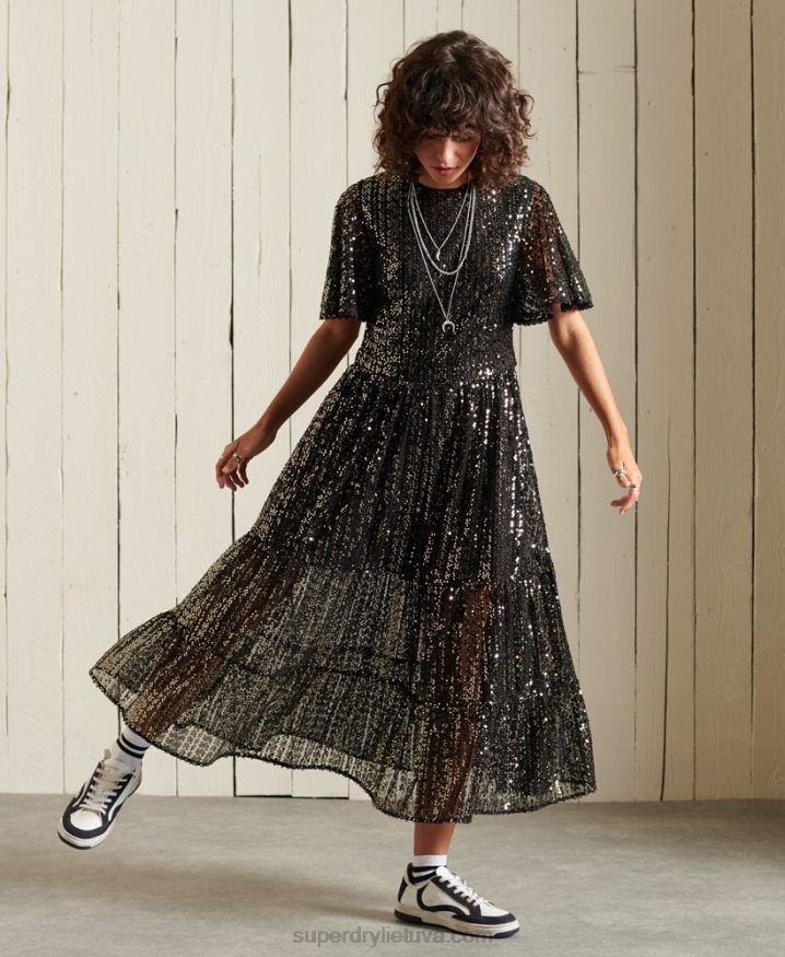 Superdry Woven Short Sleeve Sequined Midi Dress Black Women