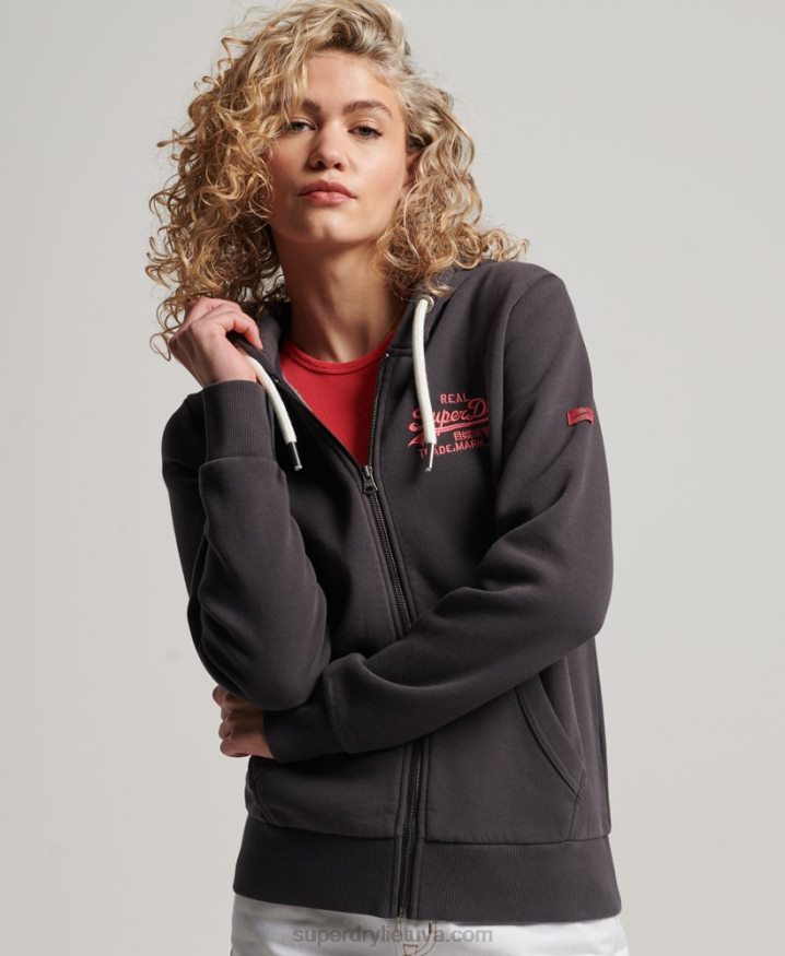 Superdry Vintage Logo Neon Zip Hoodie Dark Grey Women Superdry Vintage Logo Neon Zip Hoodie Dark Grey Women