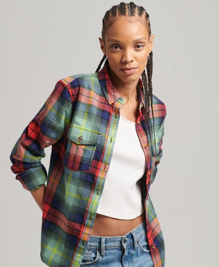 Superdry Organic Cotton Check Flannel Shirt Green Women