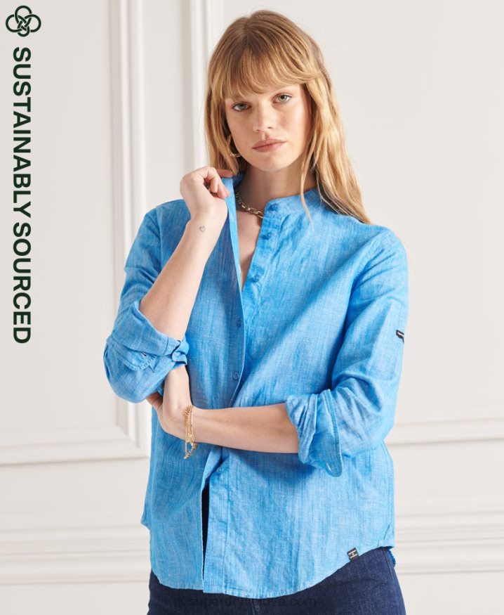 Superdry Studios Linen Grandad Shirt Blue Women