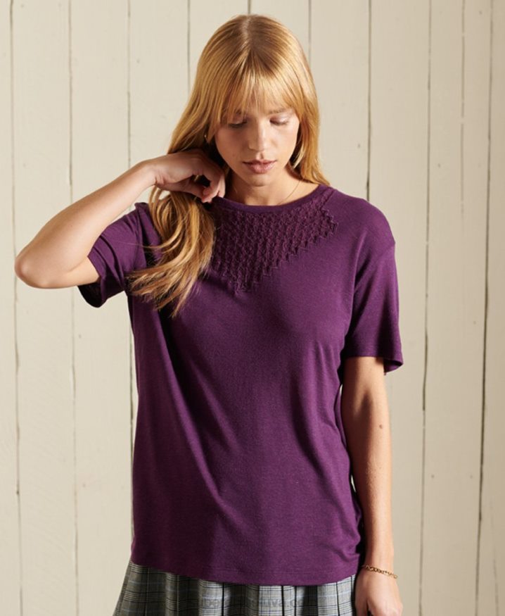 Superdry Chevron Short Sleeved Lace Jersey Top Purple Women