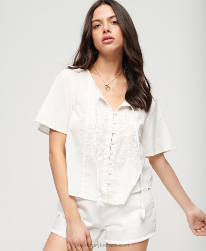 Superdry Short Sleeve Embroidered Button Top Cream Women