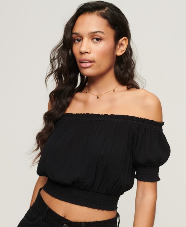 Superdry Smocked Short Sleeve Crop Top Black Women