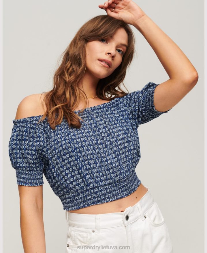 Superdry Smocked Short Sleeve Crop Top Blue Women