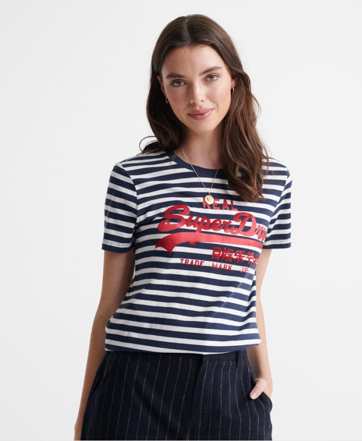 Superdry Vintage Logo Satin Stripe T-Shirt Navy Women Superdry Vintage Logo Satin Stripe T-Shirt Navy Women