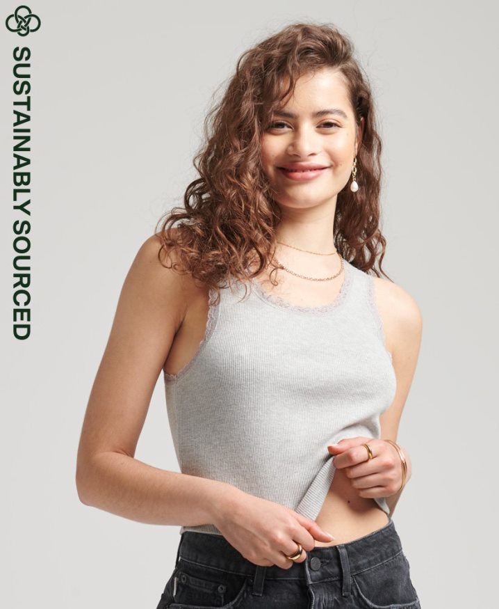 Superdry Organic Cotton Vintage Lace Trim Vest Grey Women Superdry Organic Cotton Vintage Lace Trim Vest Grey Women