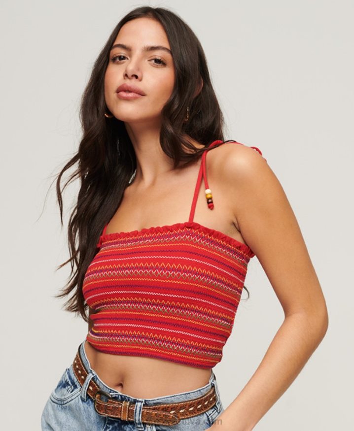 Superdry Embroidered Smocked Cami Top Red Women